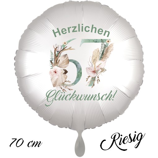 Großer Luftballon zum 67. Geburtstag mit Helium, Herzlichen Glückwunsch - Boho