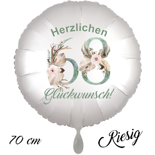 Großer Luftballon zum 68. Geburtstag mit Helium, Herzlichen Glückwunsch - Boho