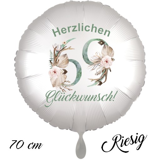Großer Luftballon zum 69. Geburtstag mit Helium, Herzlichen Glückwunsch - Boho