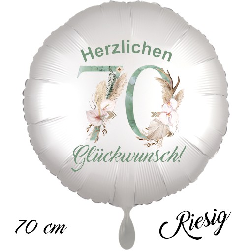 Großer Luftballon zum 70. Geburtstag mit Helium, Herzlichen Glückwunsch - Boho