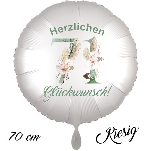 Großer Luftballon zum 71. Geburtstag mit Helium, Herzlichen Glückwunsch - Boho