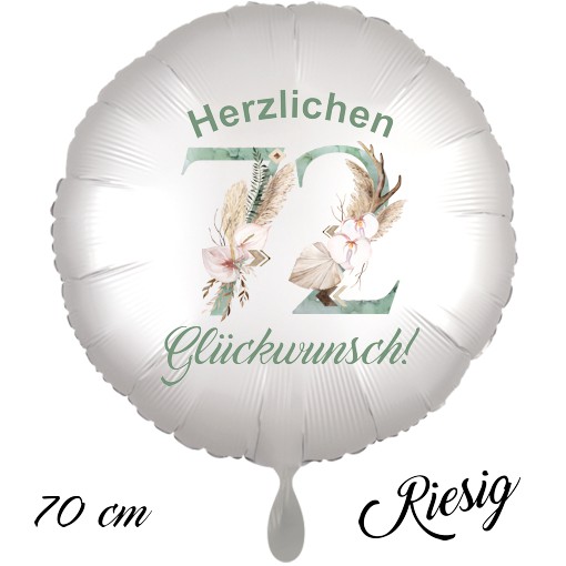 Großer Luftballon zum 72. Geburtstag mit Helium, Herzlichen Glückwunsch - Boho