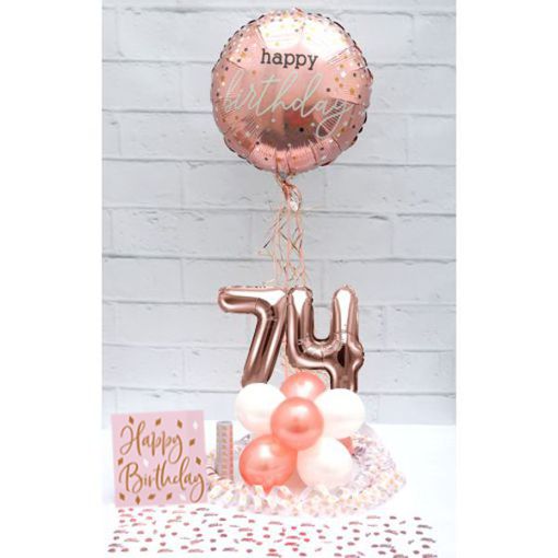 Partydeko-Set zum 74. Geburtstag in Rosegold, Happy Birthday