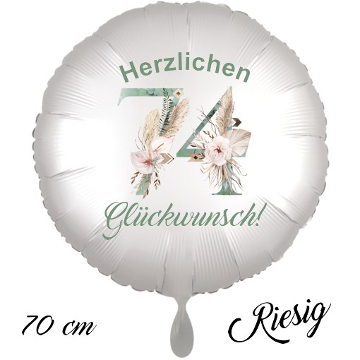 Großer Luftballon zum 74. Geburtstag mit Helium, Herzlichen Glückwunsch - Boho