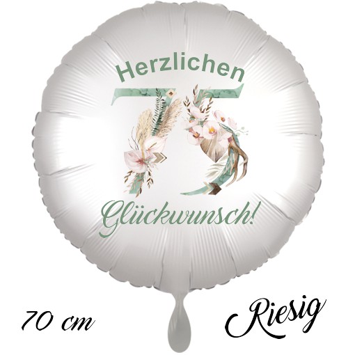 Großer Luftballon zum 75. Geburtstag mit Helium, Herzlichen Glückwunsch - Boho