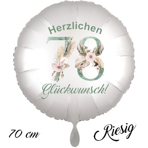 Großer Luftballon zum 78. Geburtstag mit Helium, Herzlichen Glückwunsch - Boho