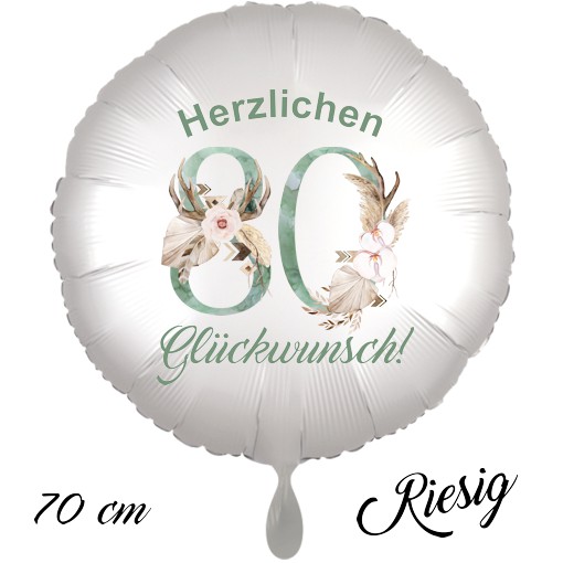 Großer Luftballon zum 80. Geburtstag mit Helium, Herzlichen Glückwunsch - Boho