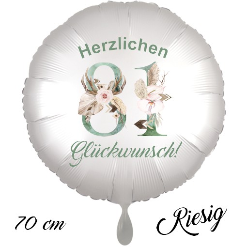 Großer Luftballon zum 81. Geburtstag mit Helium, Herzlichen Glückwunsch - Boho