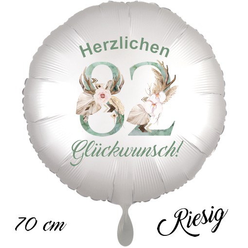 Großer Luftballon zum 82. Geburtstag mit Helium, Herzlichen Glückwunsch - Boho