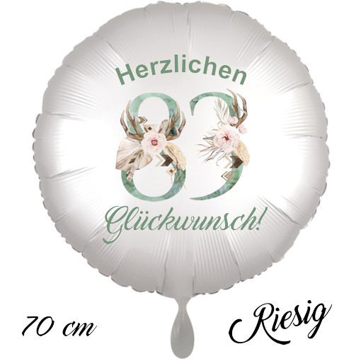 Großer Luftballon zum 83. Geburtstag mit Helium, Herzlichen Glückwunsch - Boho