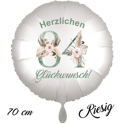 Großer Luftballon zum 84. Geburtstag mit Helium, Herzlichen Glückwunsch - Boho