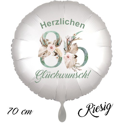 Großer Luftballon zum 86. Geburtstag mit Helium, Herzlichen Glückwunsch - Boho