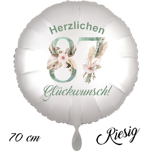 Großer Luftballon zum 87. Geburtstag mit Helium, Herzlichen Glückwunsch - Boho
