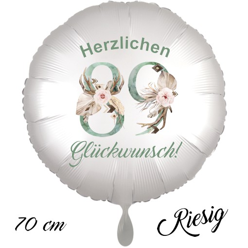 Großer Luftballon zum 89. Geburtstag mit Helium, Herzlichen Glückwunsch - Boho