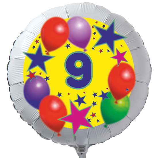 Luftballon zum 9. Geburtstag, Sterne und Luftballons, Rundballon in Weiß mit Ballongas Helium