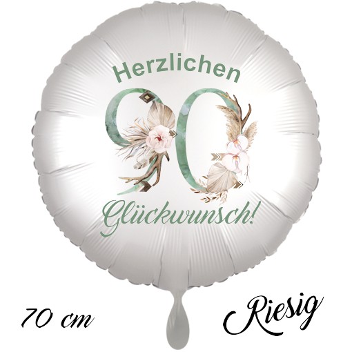 Großer Luftballon zum 90. Geburtstag mit Helium, Herzlichen Glückwunsch - Boho