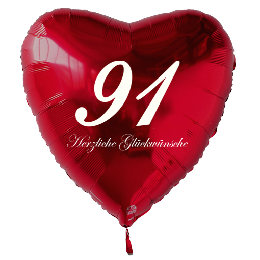 Roter Luftballon in Herzform zum 91. Geburtstag mit Ballongas Helium