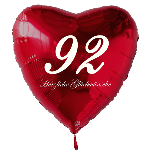 Roter Luftballon in Herzform zum 92. Geburtstag mit Ballongas Helium