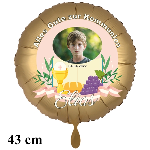 Goldener Fotoballon Alles Gute zur Kommunion, 43 cm rund