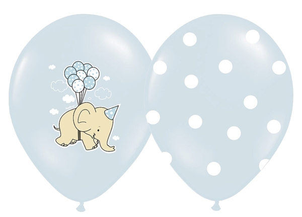 Baby Luftballons mit kleinen Elefanten und Luftballontrauben, Wolken und Punkten, Vorderseite und Rückseite der Babyballons aus Latex