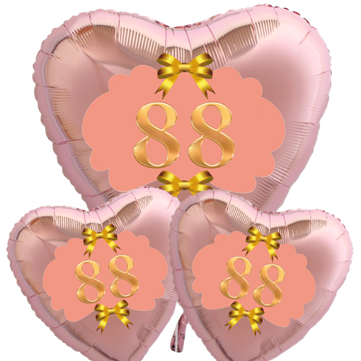 Ballon-Bouquet-zum-88.-Geburtstag-3-Herzluftballons-Rosegold-mit-Helium