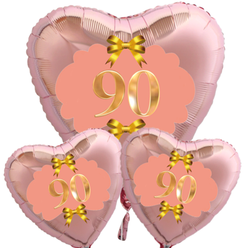 Ballon-Bouquet-zum-90.-Geburtstag-3-Herzluftballons-Rosegold-mit-Helium