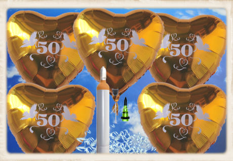 Ballons Helium Maxi Set, 100 goldene Herzluftballons aus Folie, zum 50. Jubiläum, zur Goldenen Hochzeit, inklusive 10 Liter Helium Ballongas