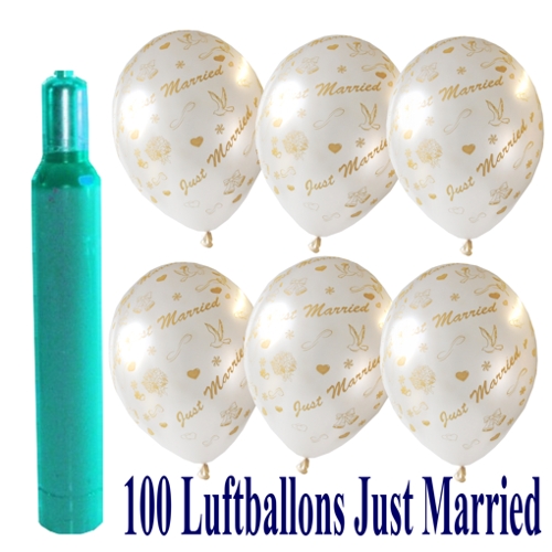 Ballons-Helium-Set-100-Luftballons-Just-Married-und-10-Liter-Helium-Ballongas-zur-Hochzeit