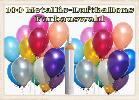 Ballons Helium Maxi Set, 100 Metallic-Luftballons mit Farbauswahl, 10 Liter Helium Ballongas