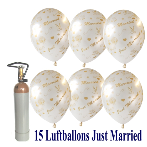 Ballons-Helium-Set-15-Luftballons-Just-Married-und-Helium-Ballongasflasche-zur-Hochzeitsfeier