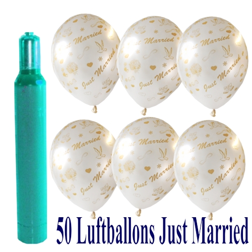 Ballons-Helium-Set-50-Luftballons-Just-Married-und-Helium-Ballongasflasche-zur-Hochzeitsfeier