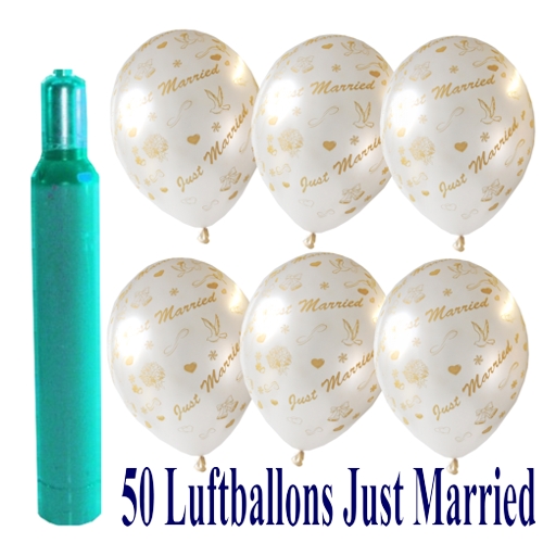 Ballons-Helium-Set-50-Luftballons-Just-Married-und-Helium-Ballongasflasche-zur-Hochzeitsfeier