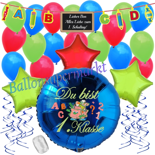 Ballons-und-Dekorations-Set-1.-Klasse-zum-Schulanfang-Blau-Rot-Gruen-Dekoration-zur-Einschulung