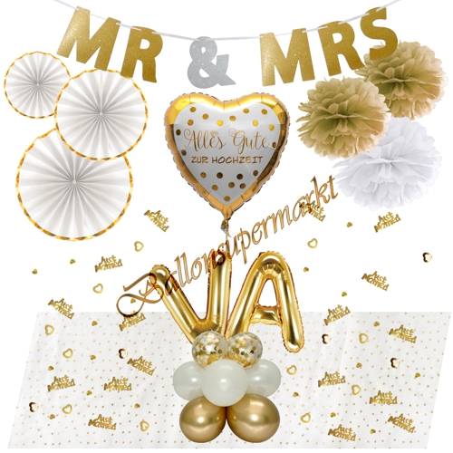 Ballons-und-Dekorations-Set-Alles-Gute-zur-Hochzeit-Gold-Weiss-Initialen-Deko-Tischdeko-Hochzeitsfest