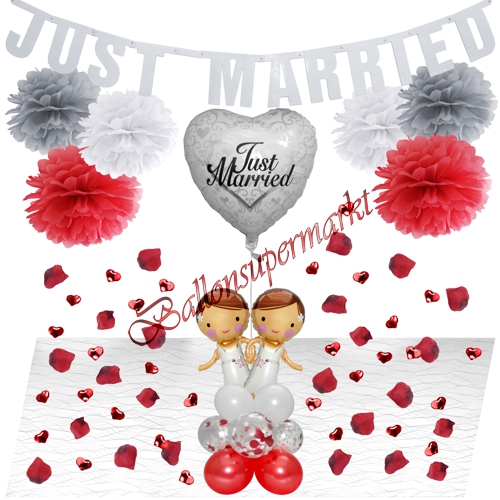 Ballons-und-Dekorations-Set-Brautpaar-Lesbisch-Just-Married-zur-Hochzeit-rot-weiss-silber-Deko-Tischdeko-Hochzeitsfest