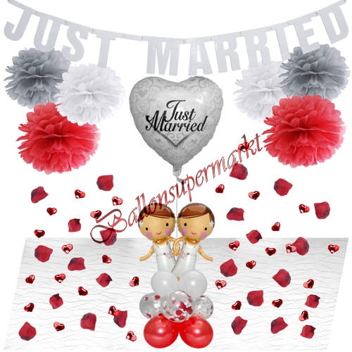 Ballons-und-Dekorations-Set-Brautpaar-Lesbisch-Just-Married-zur-Hochzeit-rot-weiss-silber-Deko-Tischdeko-Hochzeitsfest
