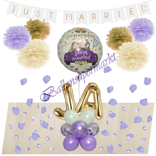 Ballons-und-Dekorations-Set-Congrats-Brautpaar-Flieder-Creme-Gold-Deko-Tischdeko-Hochzeitsfest