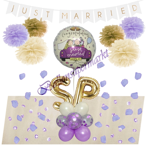 Ballons-und-Dekorations-Set-Congrats-Brautpaar-Initialen-Flieder-Creme-Gold-Deko-Tischdeko-Hochzeitsfest