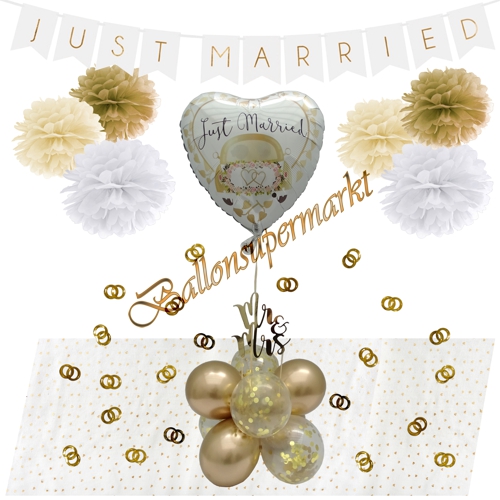 Ballons-und-Dekorations-Set-Just-Married-zur-Hochzeit-weiss-gold-Deko-Tischdeko-Hochzeitsfest