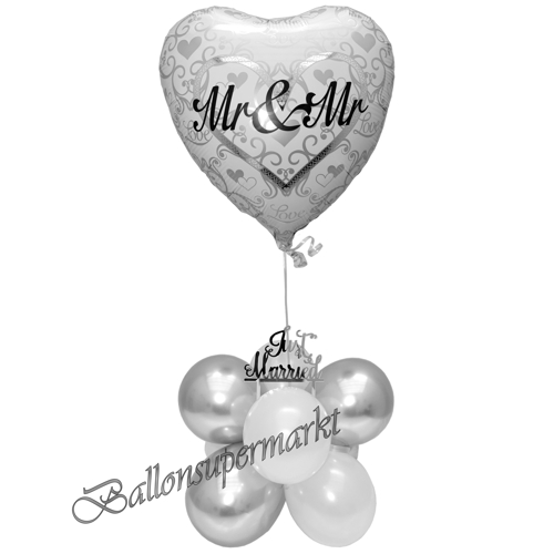 Ballons-und-Dekorations-Set-Mr-and-Mr-Just-Married-Weiss-Silber-Deko-Tischdeko-Hochzeitsfest-Detailansicht