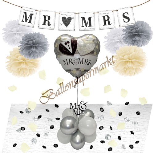 Ballons-und-Dekorations-Set-Mr-and-Mrs-Brautpaar-Creme-Weiss-Silber-Deko-Tischdeko-Hochzeitsfest