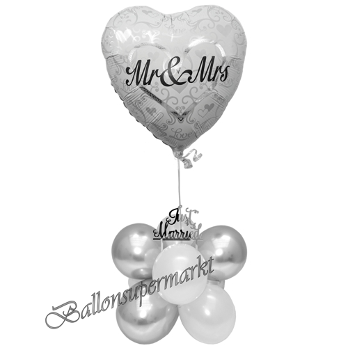 Ballons-und-Dekorations-Set-Mr-and-Mrs-Just-Married-Weiss-Silber-Deko-Tischdeko-Hochzeitsfest-Detailansicht