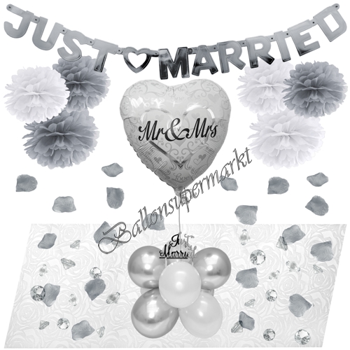 Ballons-und-Dekorations-Set-Mr-and-Mrs-Just-Married-Weiss-Silber-Deko-Tischdeko-Hochzeitsfest