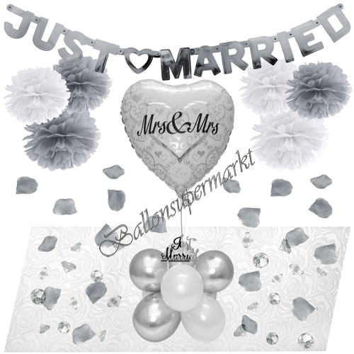 Ballons-und-Dekorations-Set-Mrs-and-Mrs-Just-Married-Weiss-Silber-Deko-Tischdeko-Hochzeitsfest