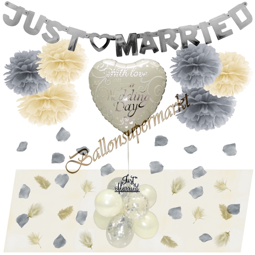 Ballons-und-Dekorations-Set-Wedding-Day-Creme-Silber-Deko-Tischdeko-Hochzeitsfest