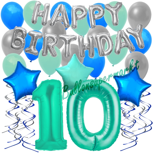Ballons-und-Dekorations-Set-zum-10.-Geburtstag-Happy-Birthday-Aquamarin