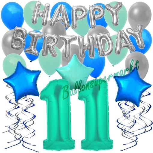 Ballons-und-Dekorations-Set-zum-11.-Geburtstag-Happy-Birthday-Aquamarin