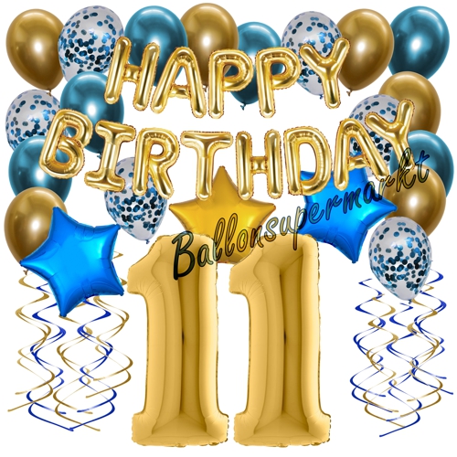Ballons-und-Dekorations-Set-zum-11.-Geburtstag-Happy-Birthday-Chrome-Blue-and-Gold