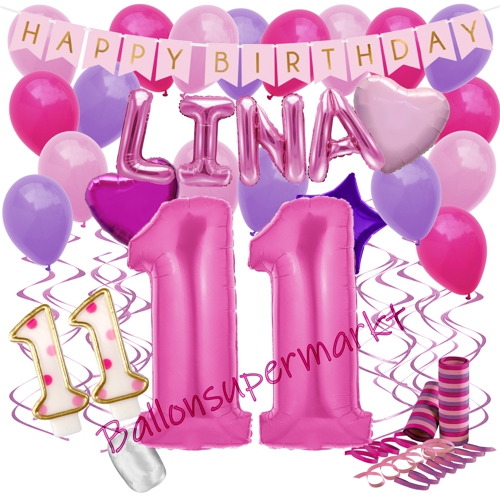 Ballons-und-Dekorations-Set-zum-11.-Geburtstag-Happy-Birthday-Pink-mit-Namen