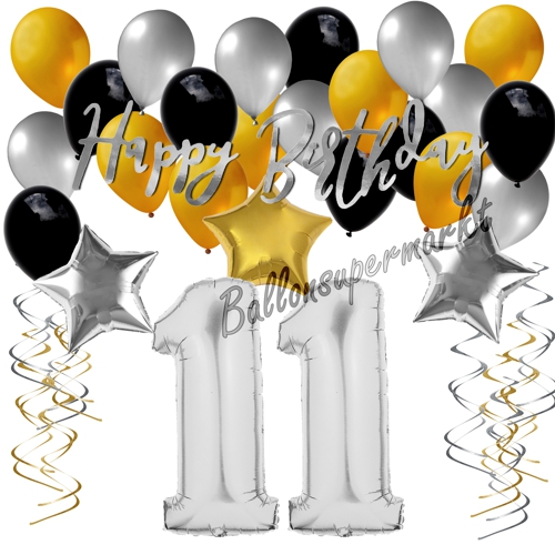 Ballons-und-Dekorations-Set-zum-11.-Geburtstag-Happy-Birthday-Silber-Gold-Schwarz
